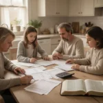 Family planning household finances with an open Bible nearby