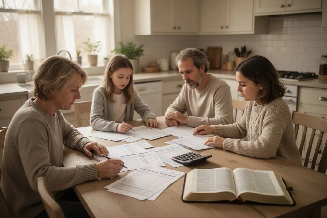 Family planning household finances with an open Bible nearby
