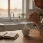 Morning offering prayer: meaning, examples, and how to pray Person praying quietly beside an open Bible at sunrise