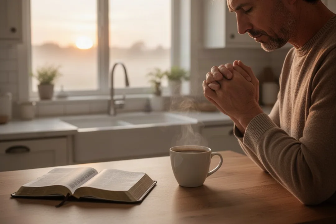 Person praying quietly beside an open Bible at sunrise