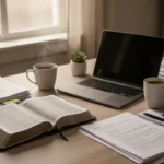 Open Bible beside organized work materials in a warm home office