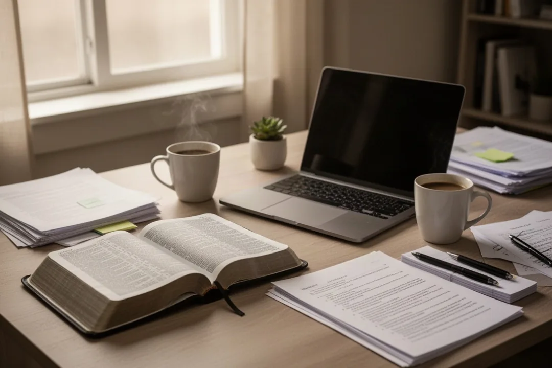 Open Bible beside organized work materials in a warm home office