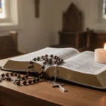 Mysteries Sunday Rosary: The Glorious Mysteries Rosary beads beside an open Bible during peaceful Sunday prayer
