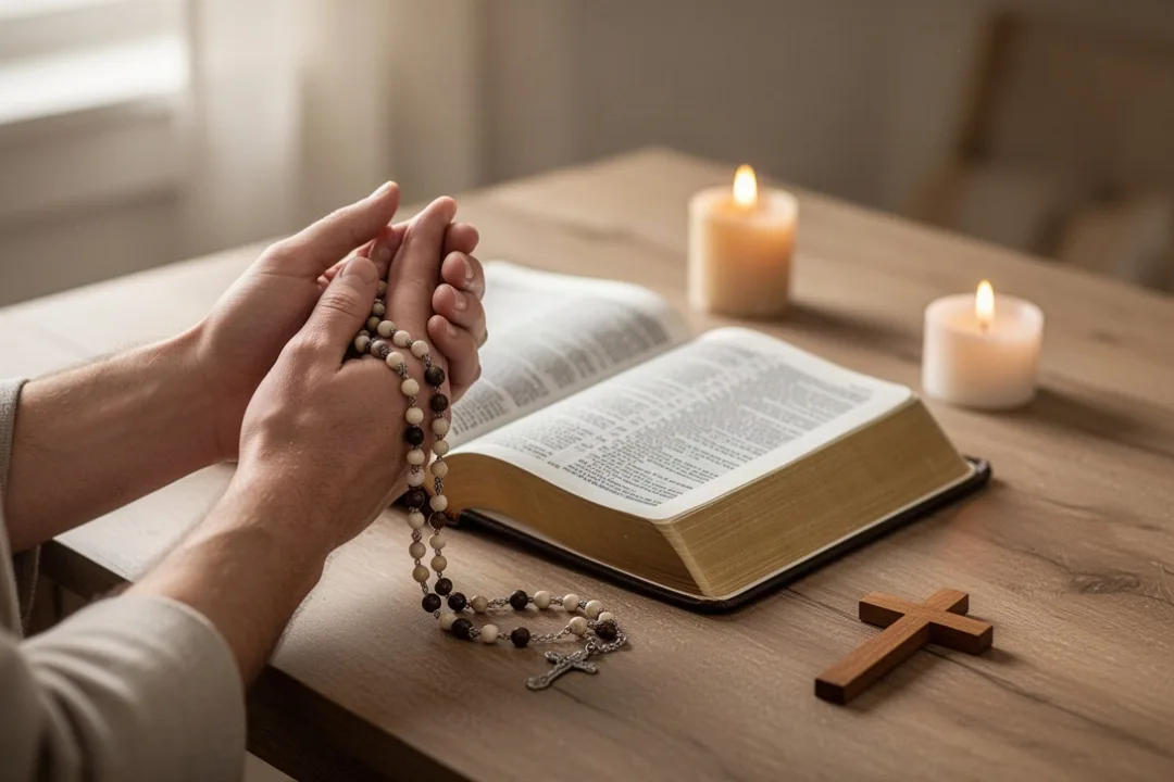 Rosary and Bible arranged for praying the Wednesday Glorious Mysteries