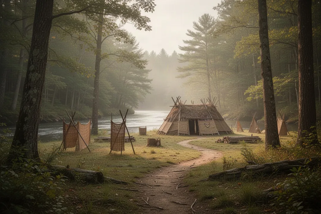 Woodland settlement representing Kateri Tekakwitha’s life and connection to nature