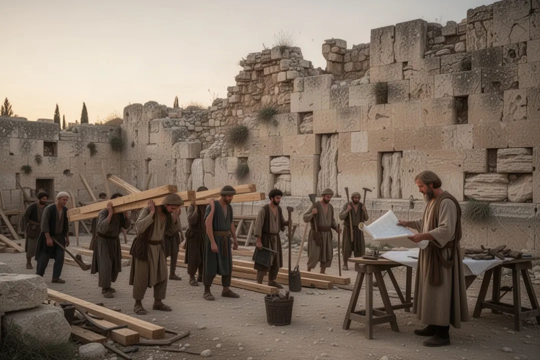 Workers rebuilding Jerusalem’s ancient wall under Nehemiah’s leadership