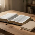 Open Bible and journal in warm light for reflective New Testament study
