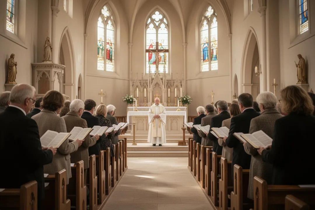 Catholic congregation reciting the Nicene Creed during Sunday Mass