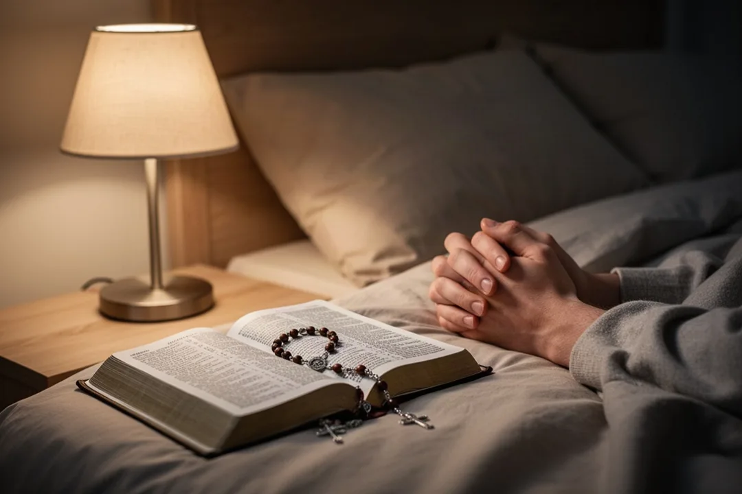 Catholic prayer book and rosary beside a peaceful nighttime bed