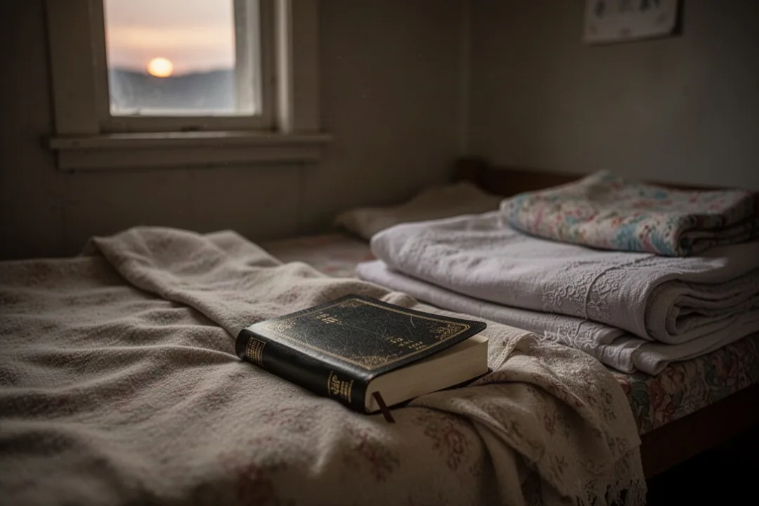 Hidden Bible beneath household linens in a dim North Korean room