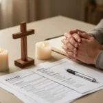 Hands praying beside job-search papers and a candle at home