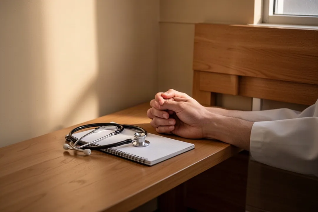 Nurse praying quietly in a hospital chapel before a shift