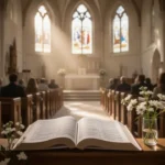 Open prayer book during a quiet Ascension worship service