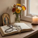 October feast days: Catholic saints and celebrations Rosary and saint biography arranged in an October home prayer corner