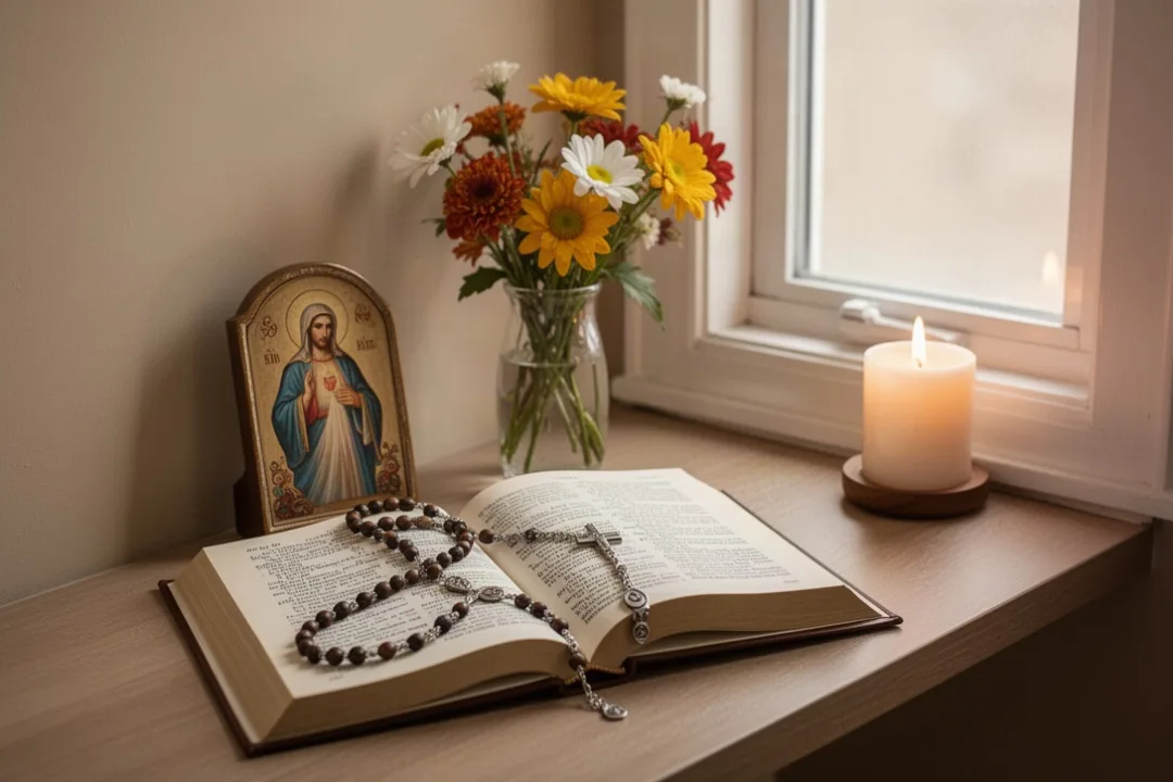 Rosary and saint biography arranged in an October home prayer corner