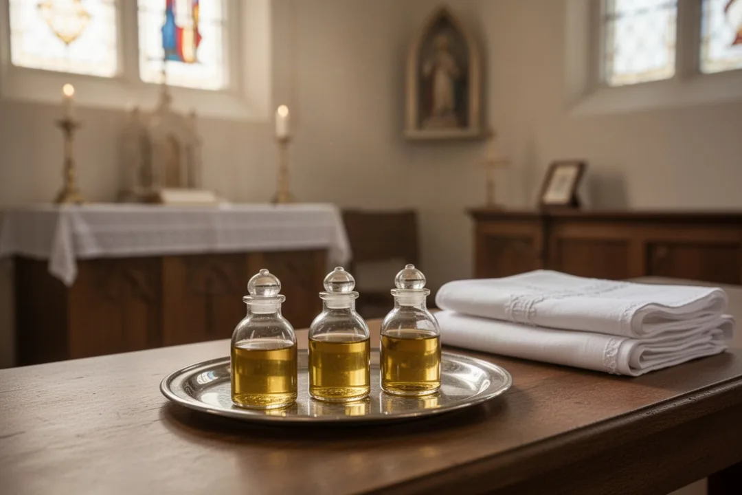 Sacred chrism vessels prepared in a church sacristy