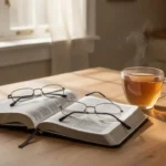 Open Bible and notebook on a sunlit table
