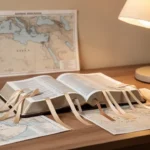 Open Bible and ancient Near East map on a reading desk