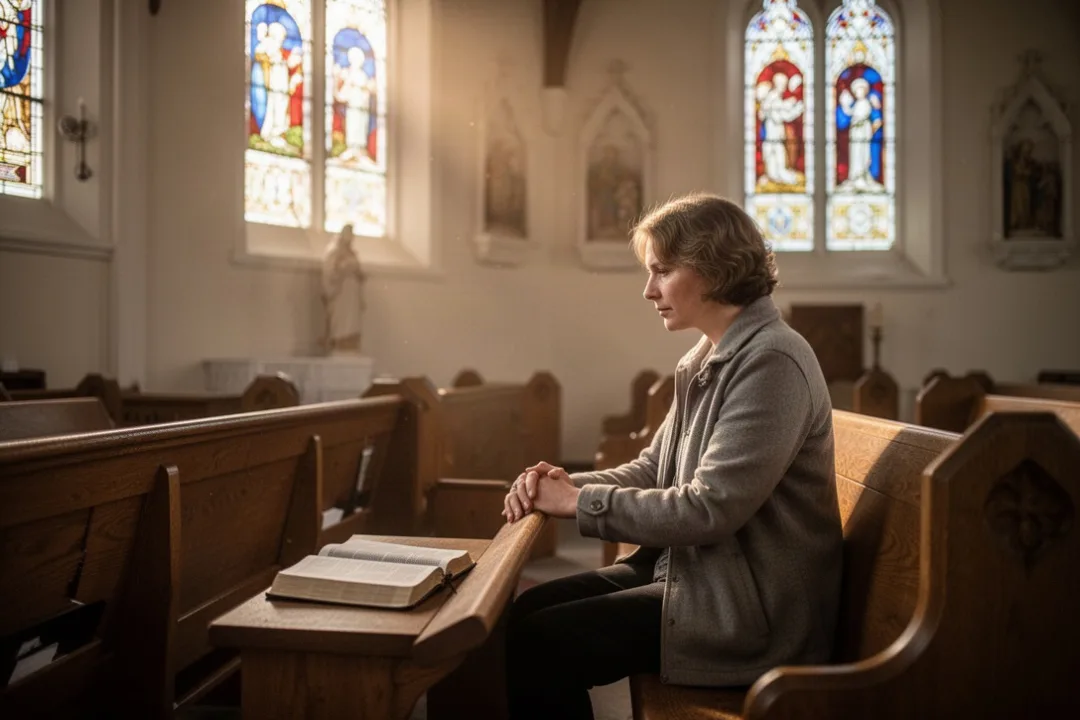Person praying quietly in a sunlit church beside an open Bible