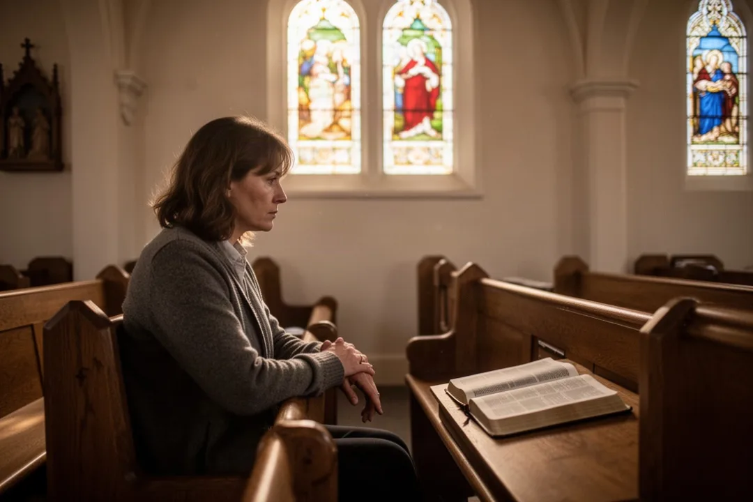 Person praying quietly in a sunlit church beside an open Bible