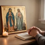 Home prayer corner with Marian icon and candle