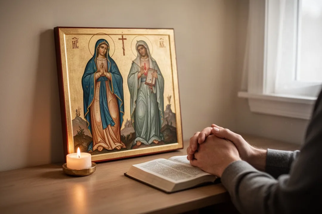 Home prayer corner with Marian icon and candle