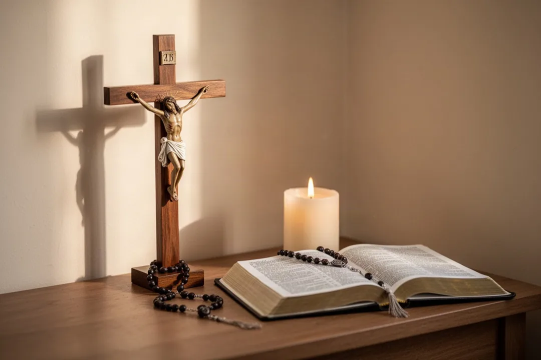 Prayer corner with rosary, crucifix, candle, and open Bible