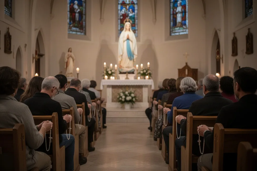 Parishioners praying the Rosary near a statue of Mary