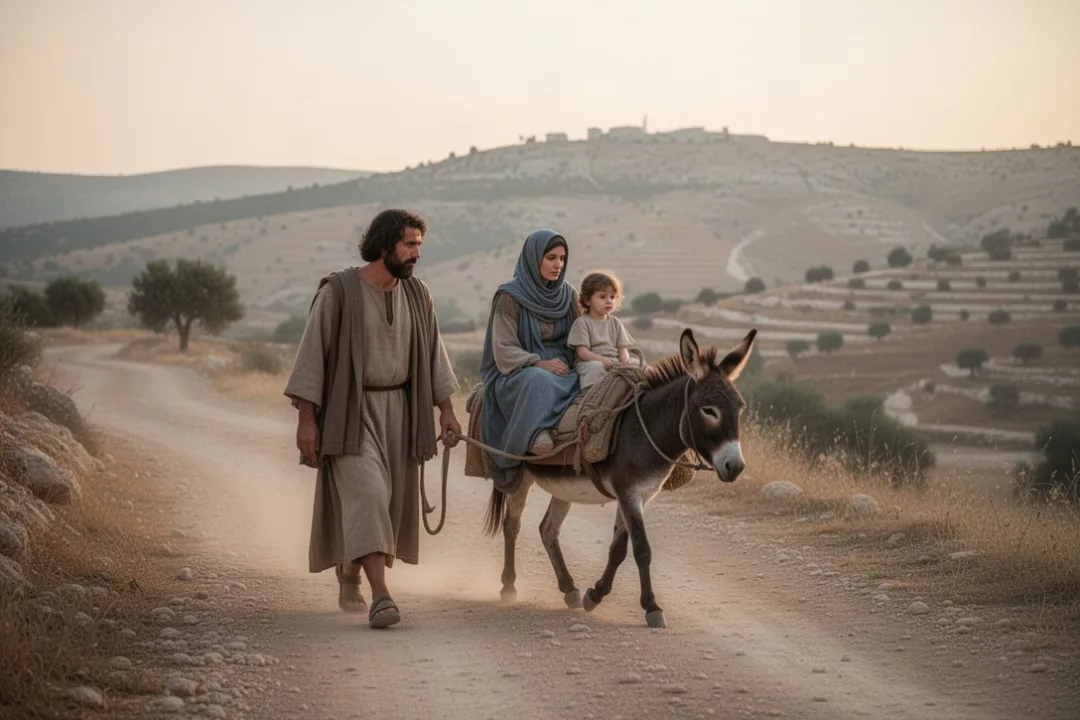 Family returning from Egypt along an ancient road