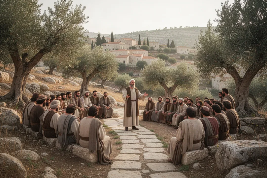 Jesus teaching a gathered crowd on a Galilean hillside