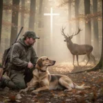 Patron saint of hunters: Saint Hubert explained Hunter and dog pausing respectfully in an autumn forest