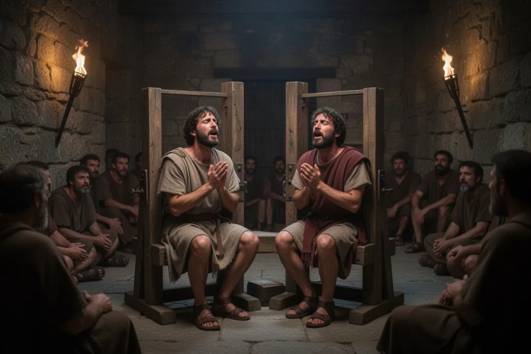 Paul and Silas praying together inside a Roman prison at midnight