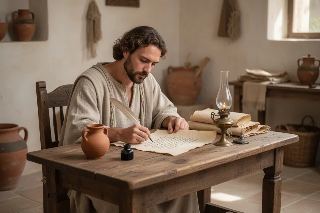First-century scribe writing a Pauline letter beside an oil lamp