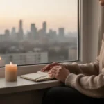 Person praying quietly beside a window at dawn