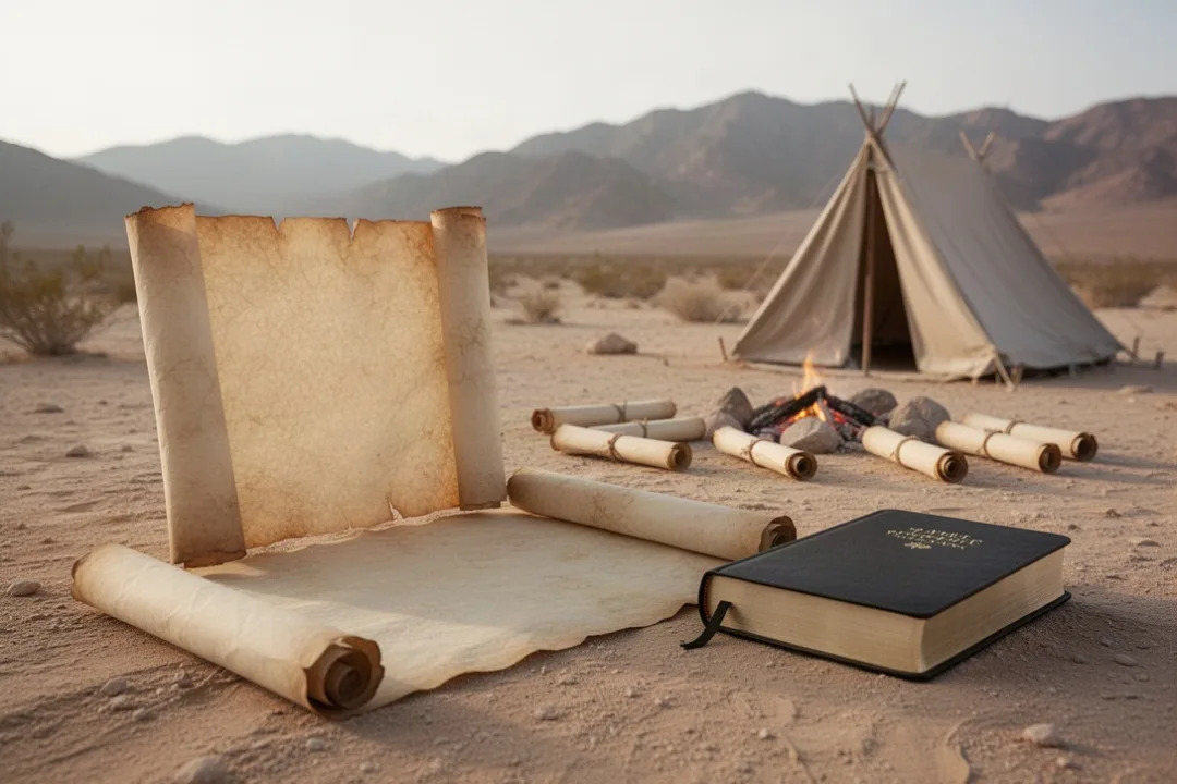 Five scrolls representing the Pentateuch beside a desert campsite