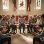 Diverse congregation praying together during a peaceful Pentecost gathering