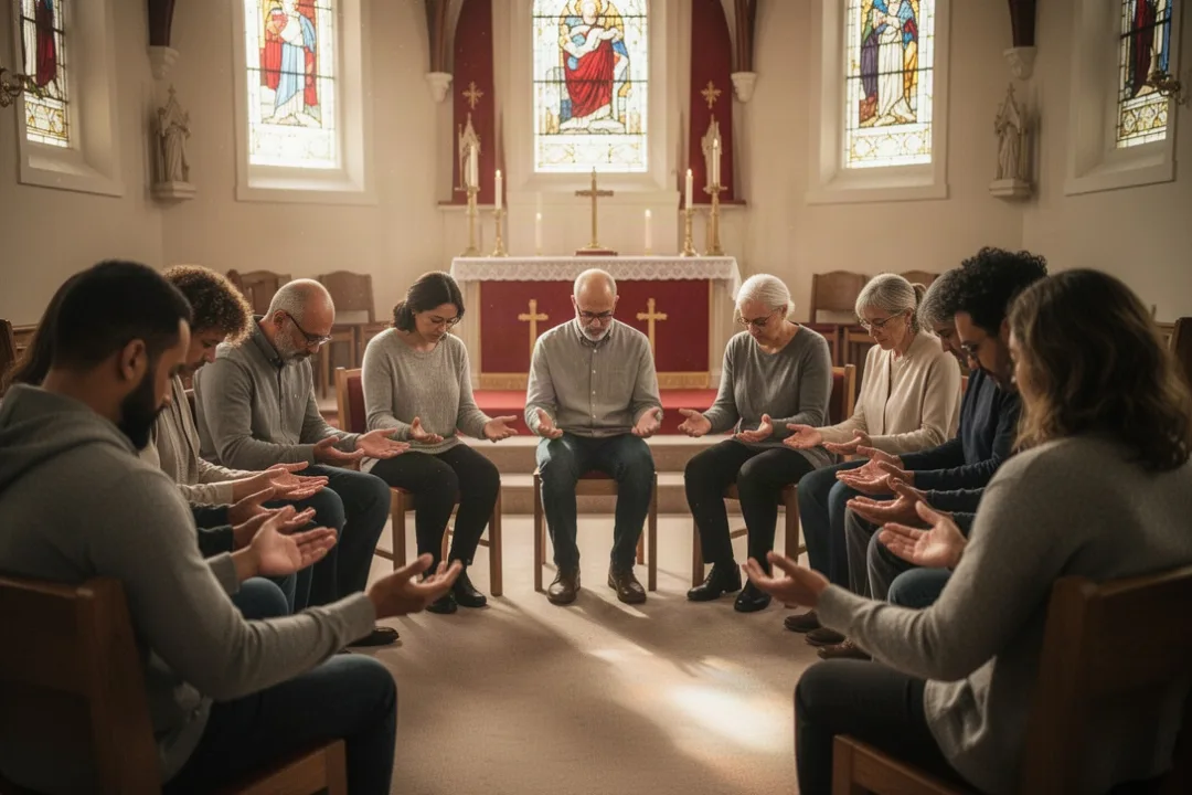 Diverse congregation praying together during a peaceful Pentecost gathering