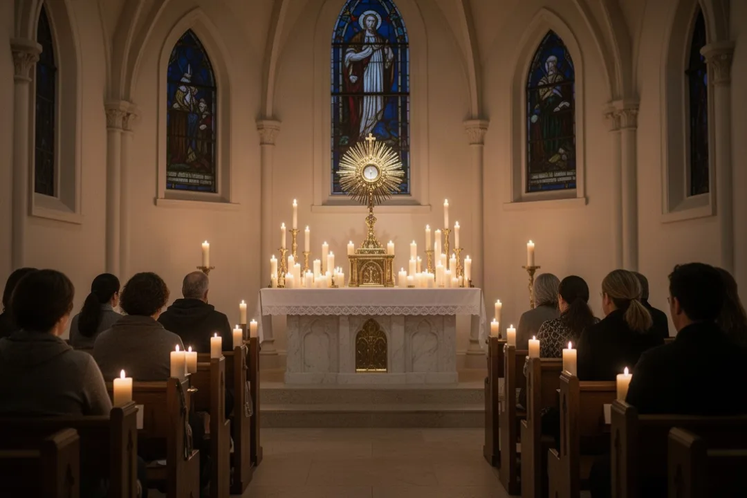 Worshippers praying quietly before the exposed Blessed Sacrament