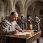 Benedictine monk writing inside a medieval Italian monastery