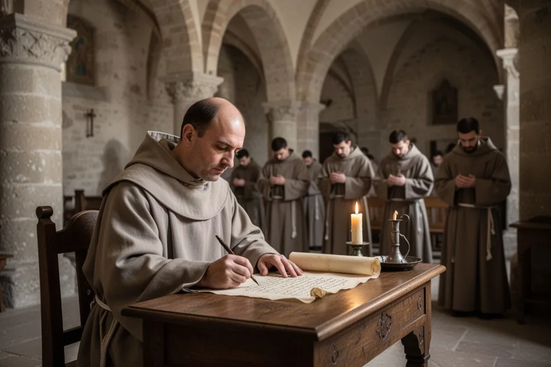 Benedictine monk writing inside a medieval Italian monastery
