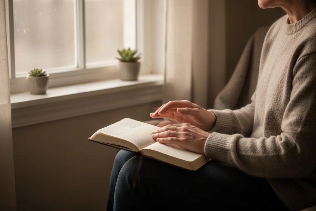Person praying beside a window with an open journal