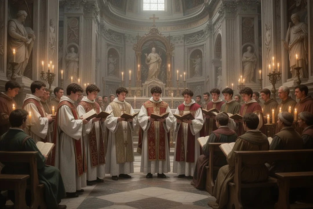 Philip Neri leading prayer and music in a historic Roman church