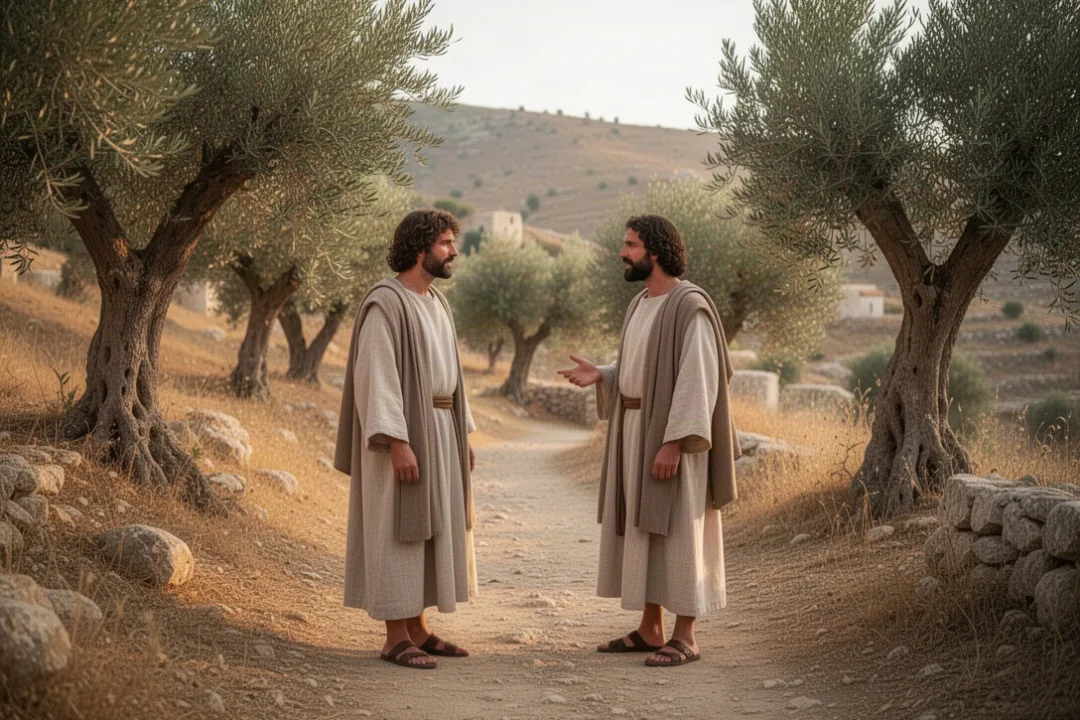 Philip inviting Nathanael to meet Jesus near a Galilean village