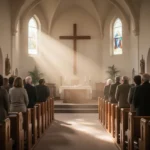 Worshipers acknowledging Christ’s lordship in a softly lit church