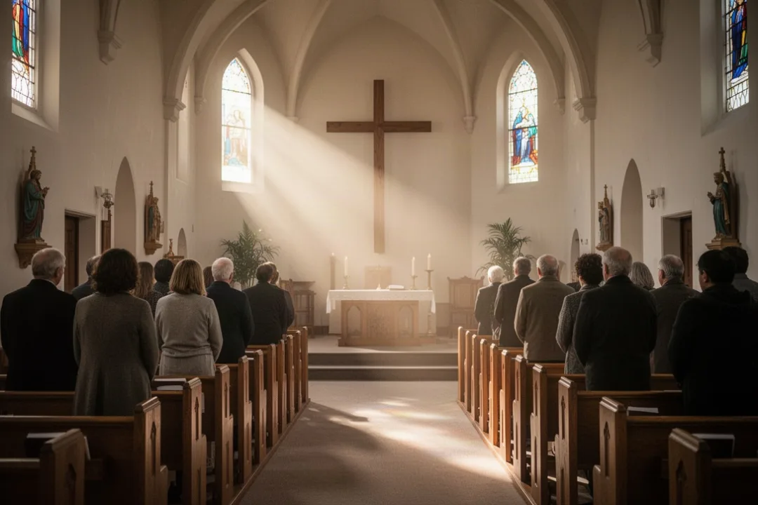 Worshipers acknowledging Christ’s lordship in a softly lit church