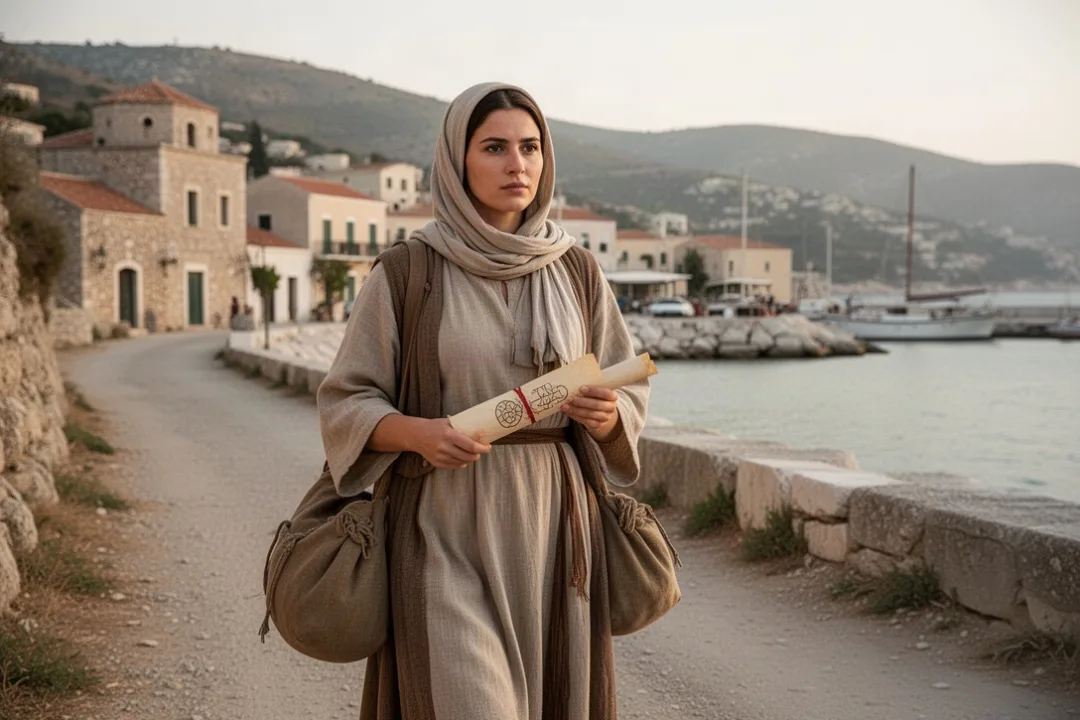 Phoebe carrying Paul’s letter near the port of Cenchreae