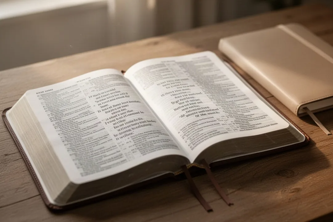 Open Bible and journal during a quiet study of biblical poetry