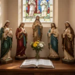Catholic parish prayer corner with saints, flowers, and morning light