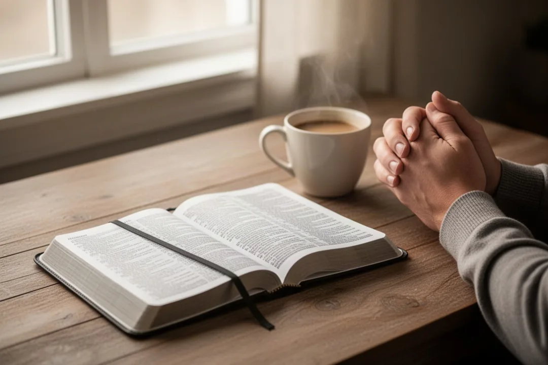 Open Bible, journal, and folded hands during quiet morning prayer