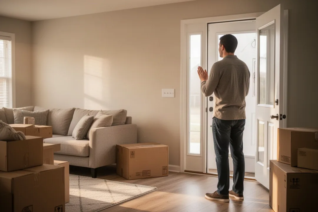 Person praying in a bright living room of a new home